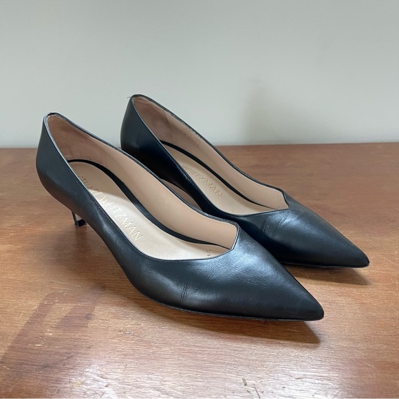 Stuart Weitzman Classic Leather Pointed Black Pumps Kitten Heel Anny 70 - Picture 4 of 12